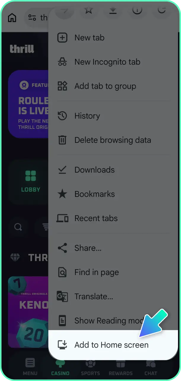 Select the option to add to home screen for the Thrill app.