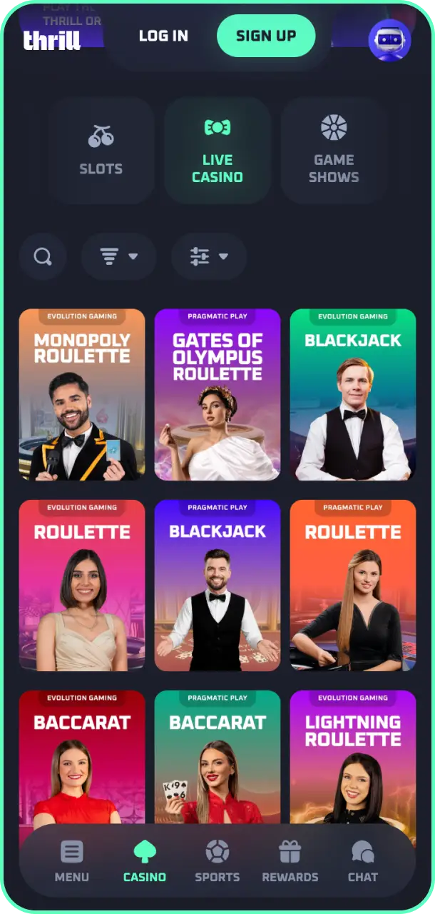 Launch the responsive app interface live casino thrill lobby on your mobile.