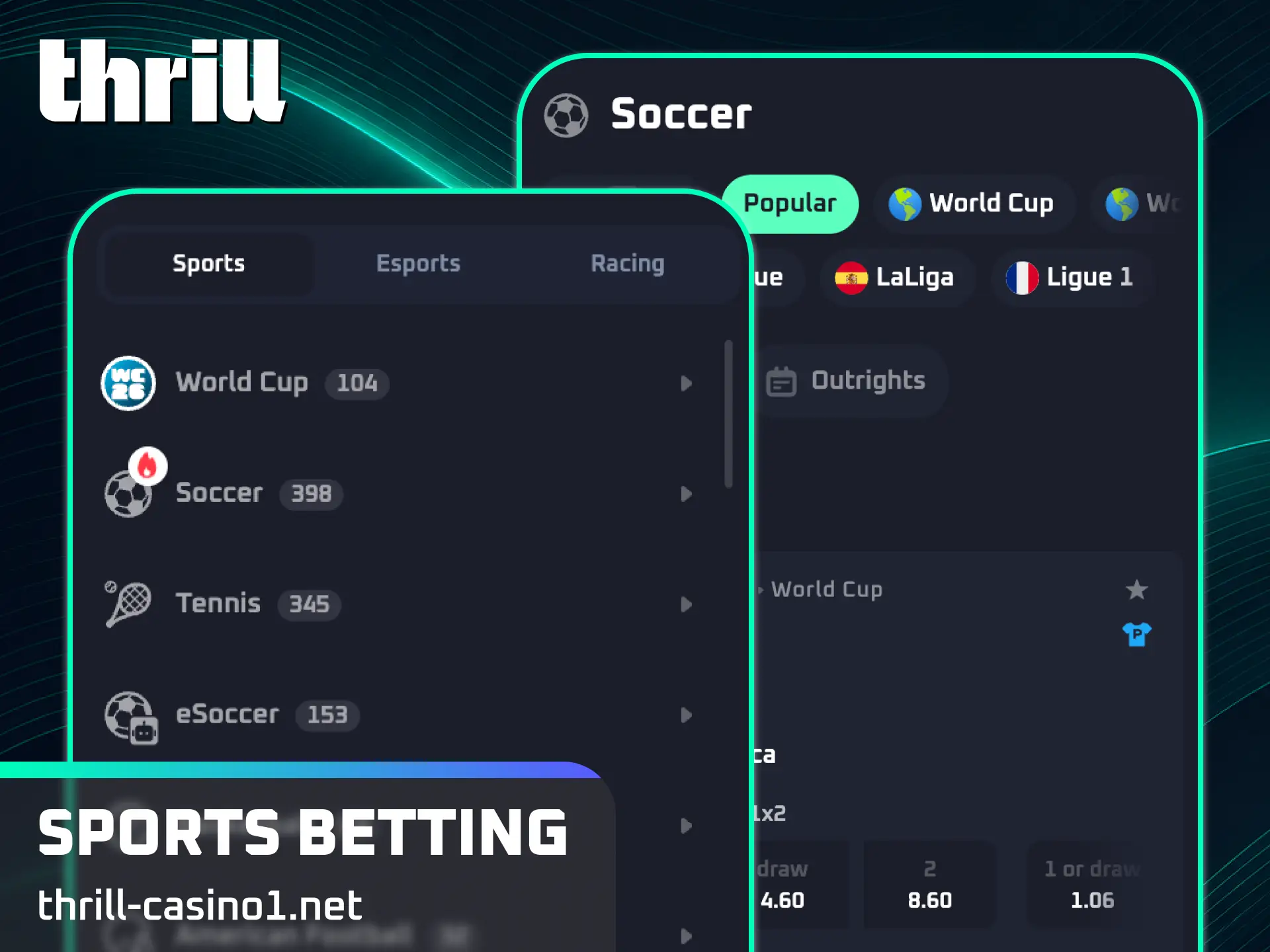 Enjoy competitive odds and complete sports betting in the Thrill PWA.