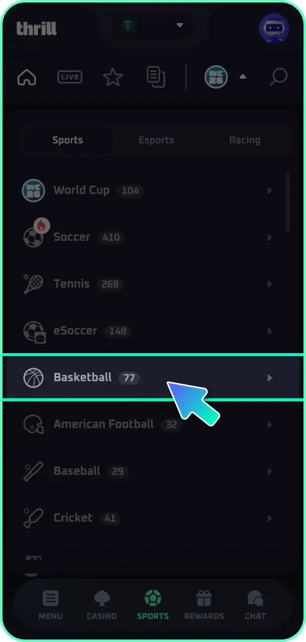 Navigate to basketball matches using the sportsbook menu on the Thrill website.