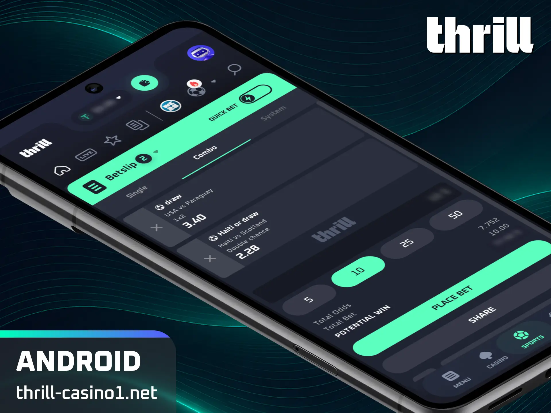 Download the responsive mobile application for Android to access Thrill sports online.