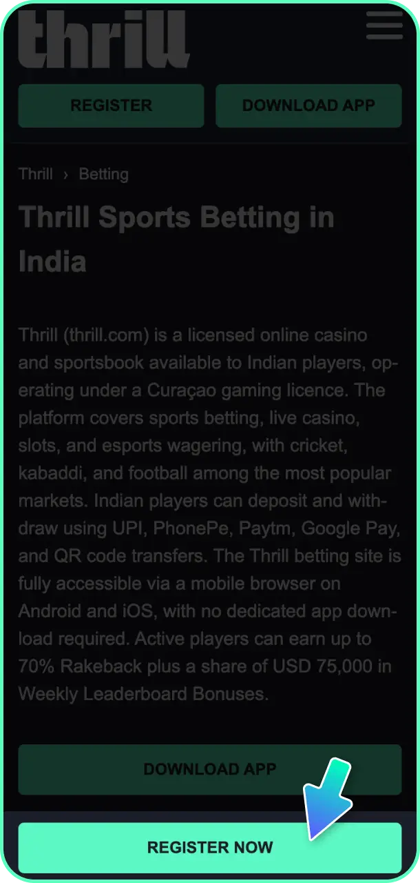 Open the official sign-up menu and click the register button at Thrill sports.