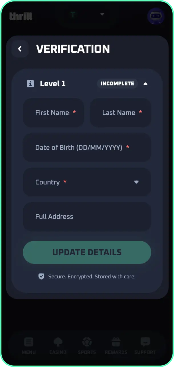 Finalize your account settings and complete your profile on Thrill sports page.