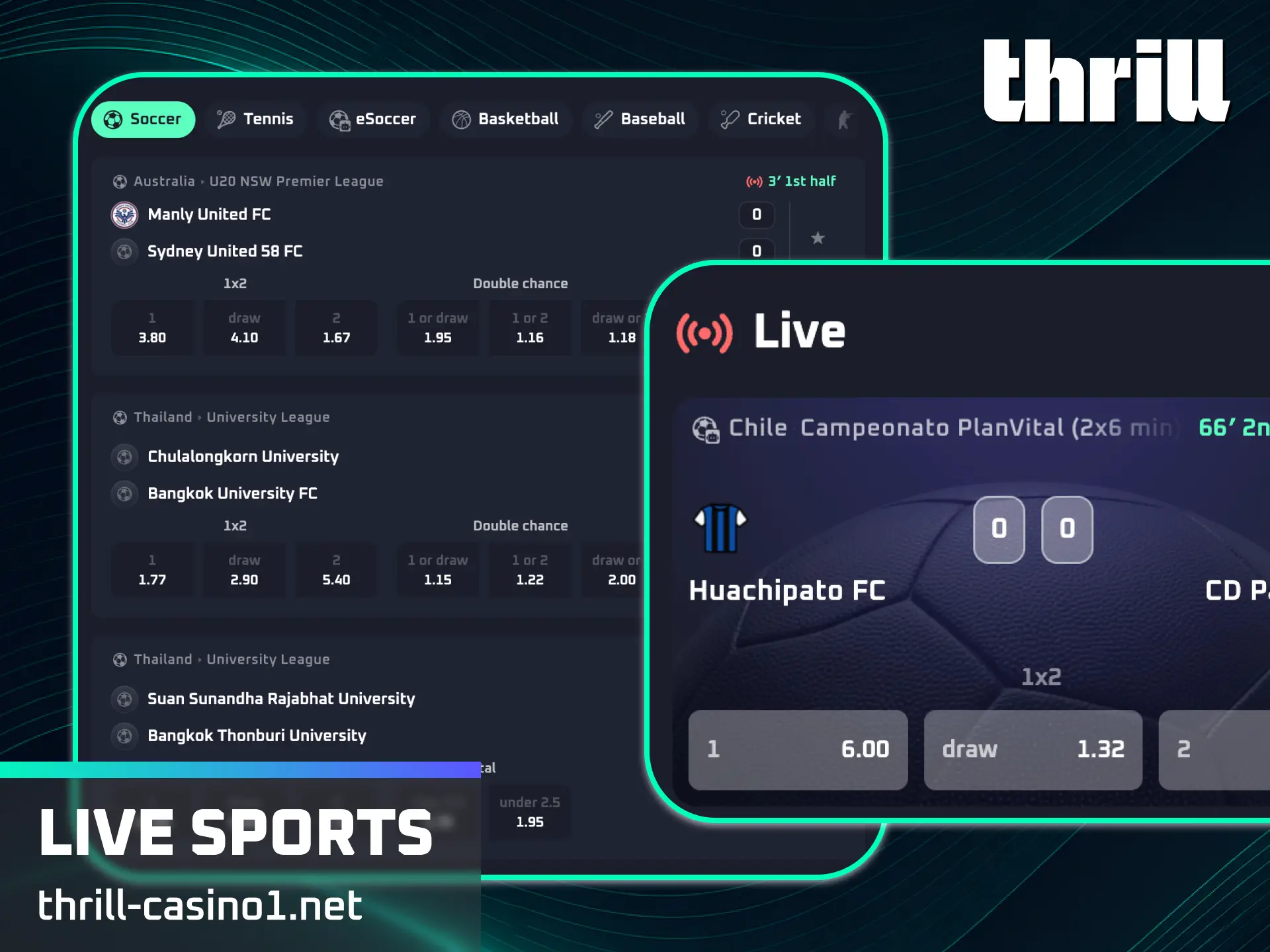 Bet on ongoing matches using interactive live sports betting at Thrill website.