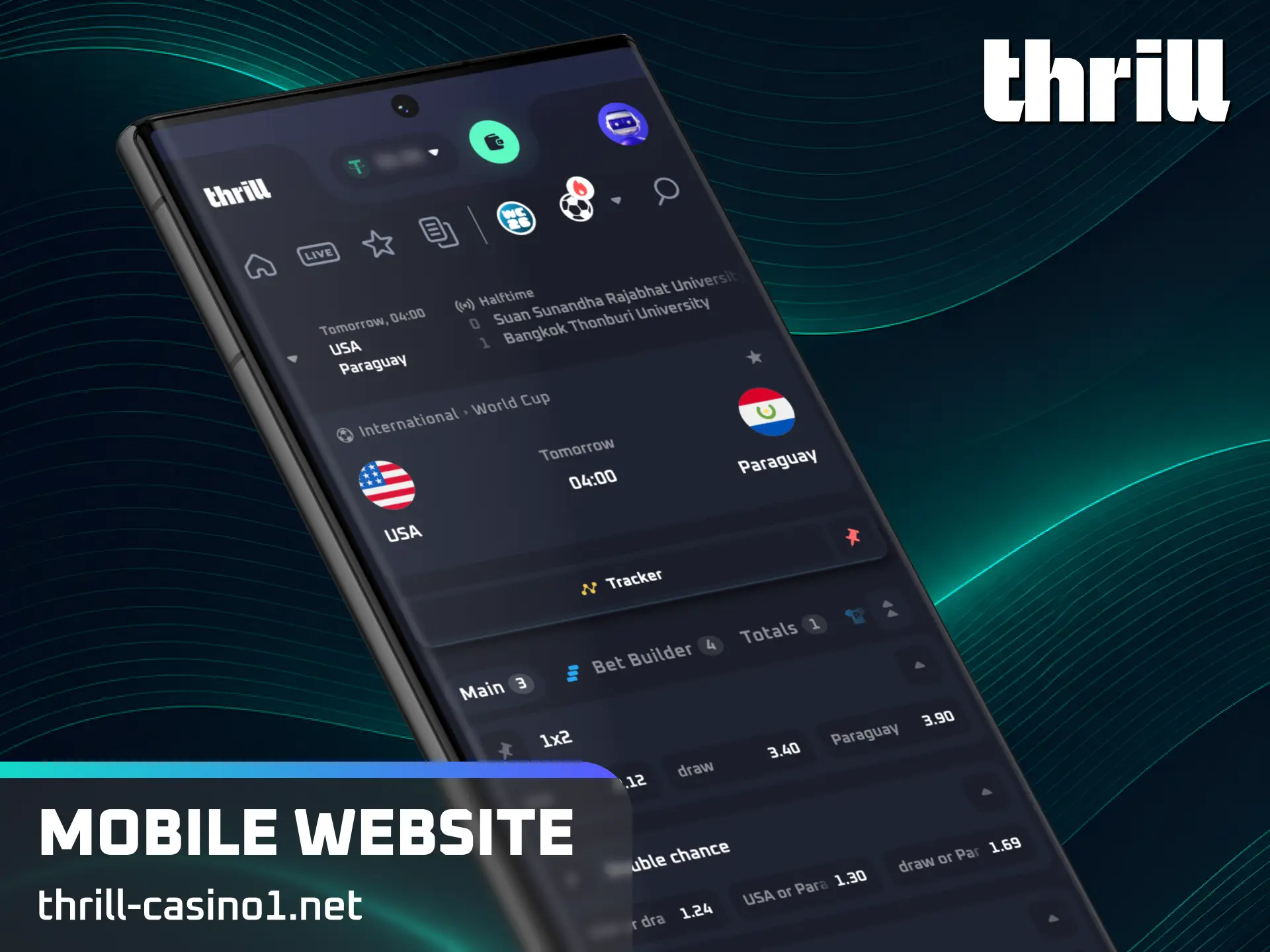 Open the modern mobile website optimized for Thrill sports betting on any phone.