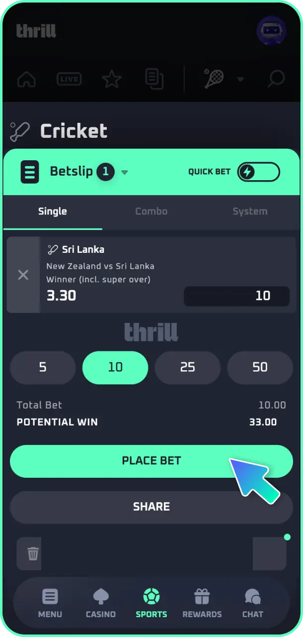 Pick your match outcomes to build your betslip and place your bet with Thrill cricket.