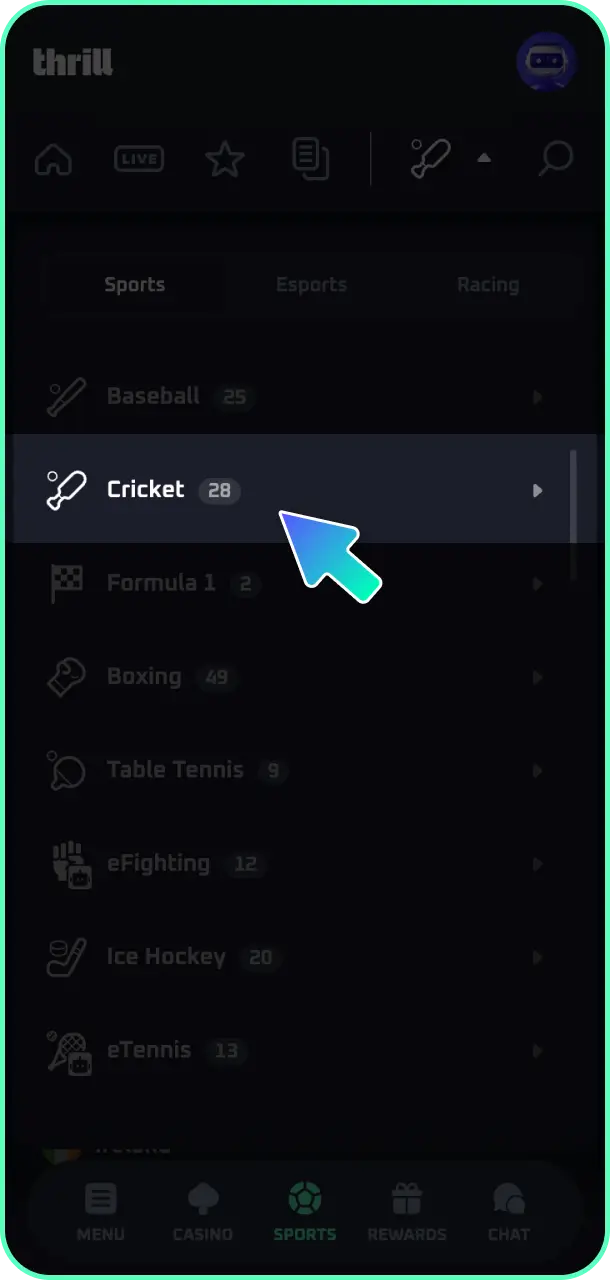 Browse the comprehensive sportsbook line to select a cricket league or match on Thrill.