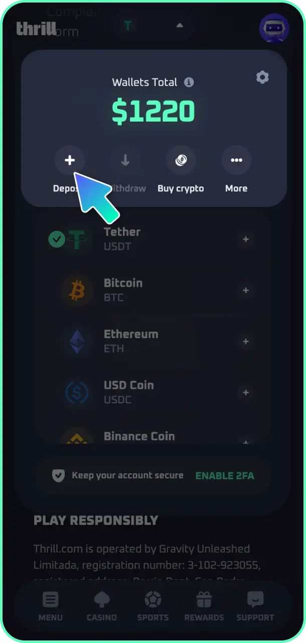 Open the main menu navigation and go to the cashier section on Thrill.