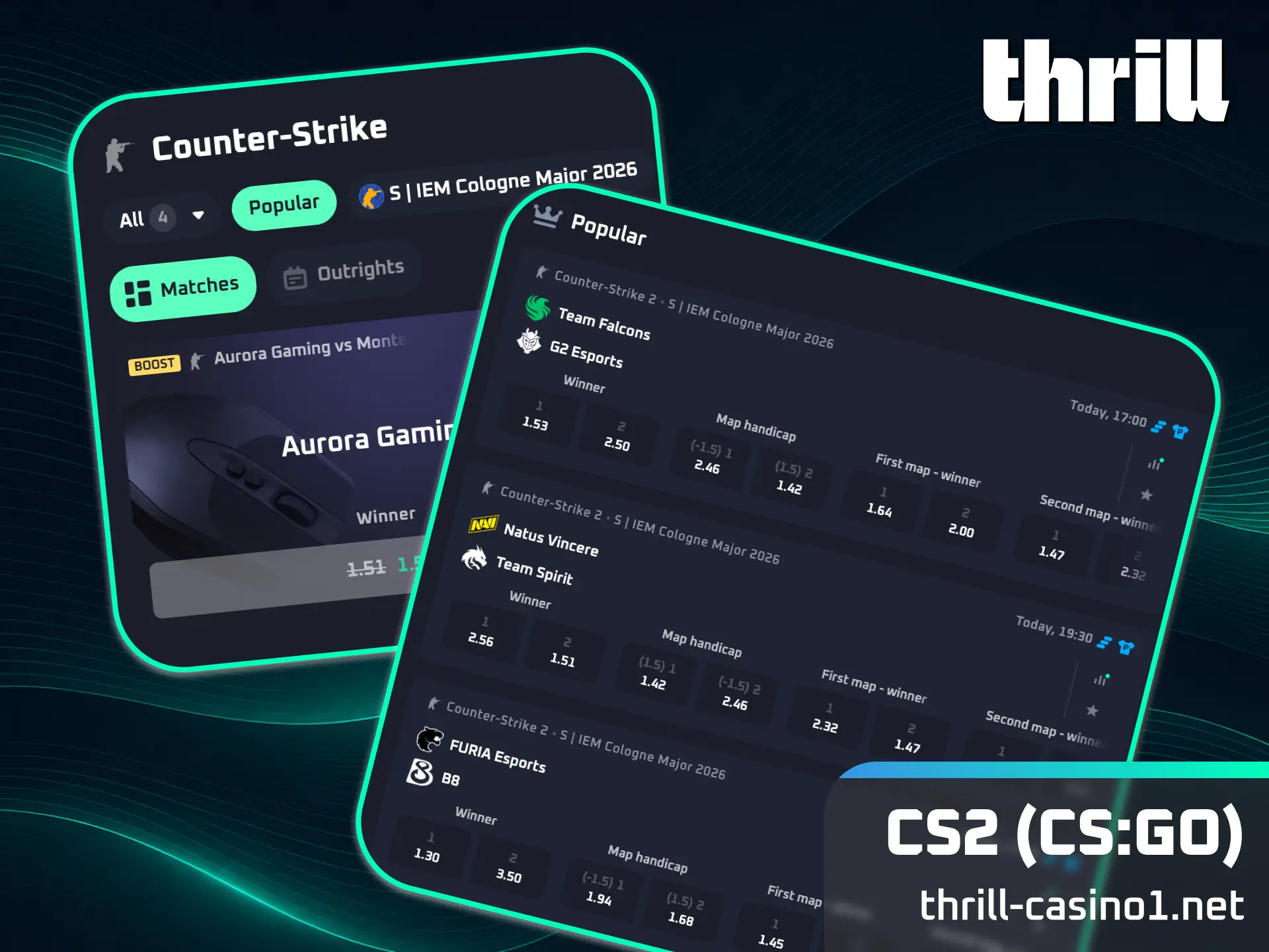 Experience intense action and wager on tactical CS2 CSGO events with Thrill.