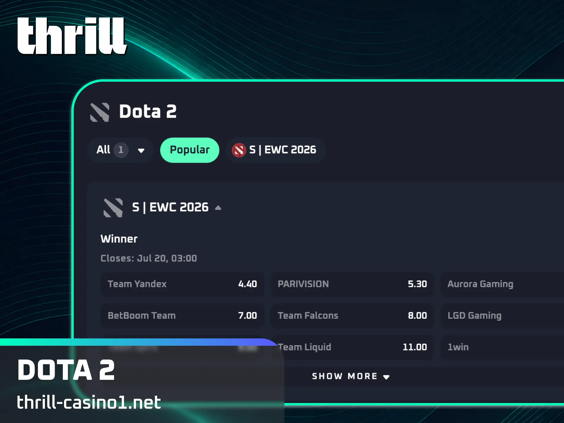 Bet on major international tournaments and live matches in Dota 2 at Thrill.