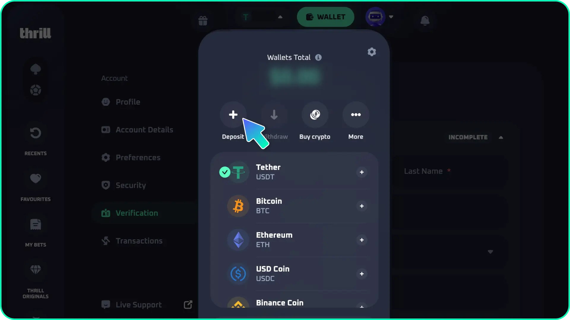 Select a payment method and make your first deposit at Thrill esports.