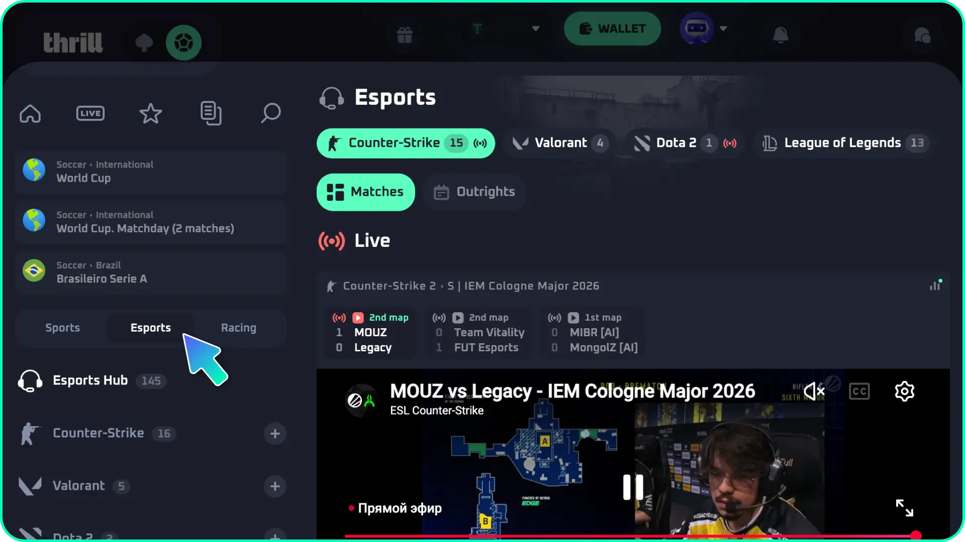 Open the main sportsbook menu and navigate to the esports section at Thrill.