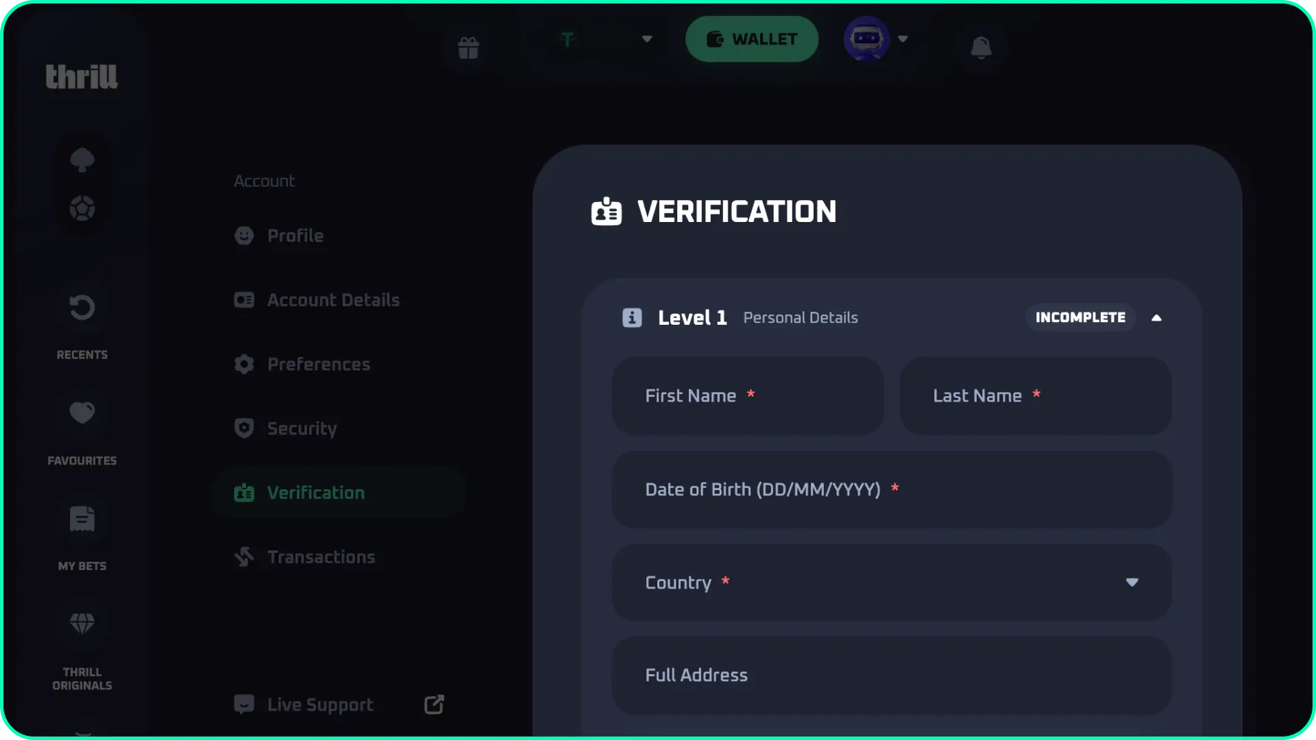 Submit the required documents and verify your identity on the Thrill esports page.