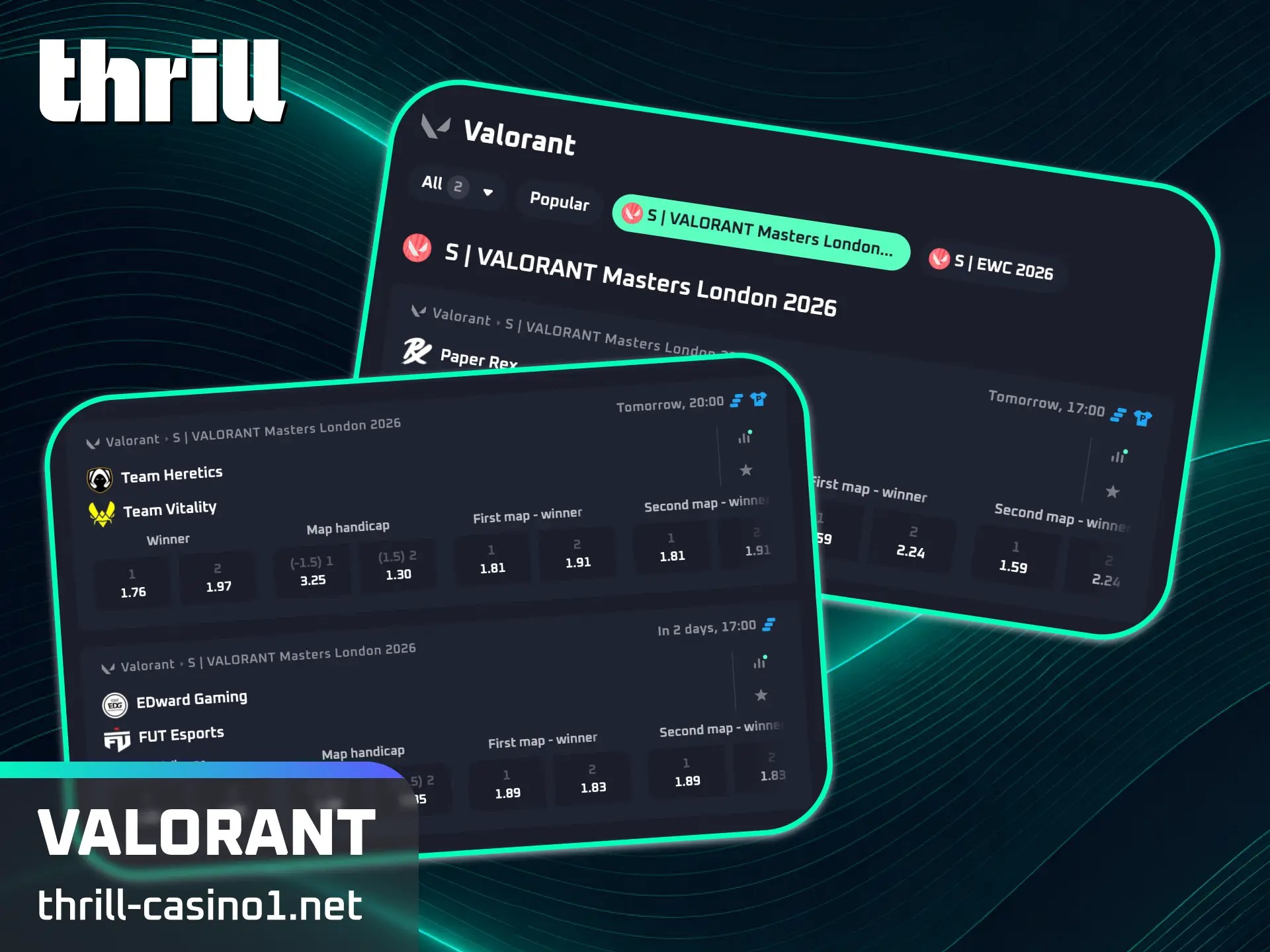Predict match winners and map outcomes in competitive Valorant games on Thrill.