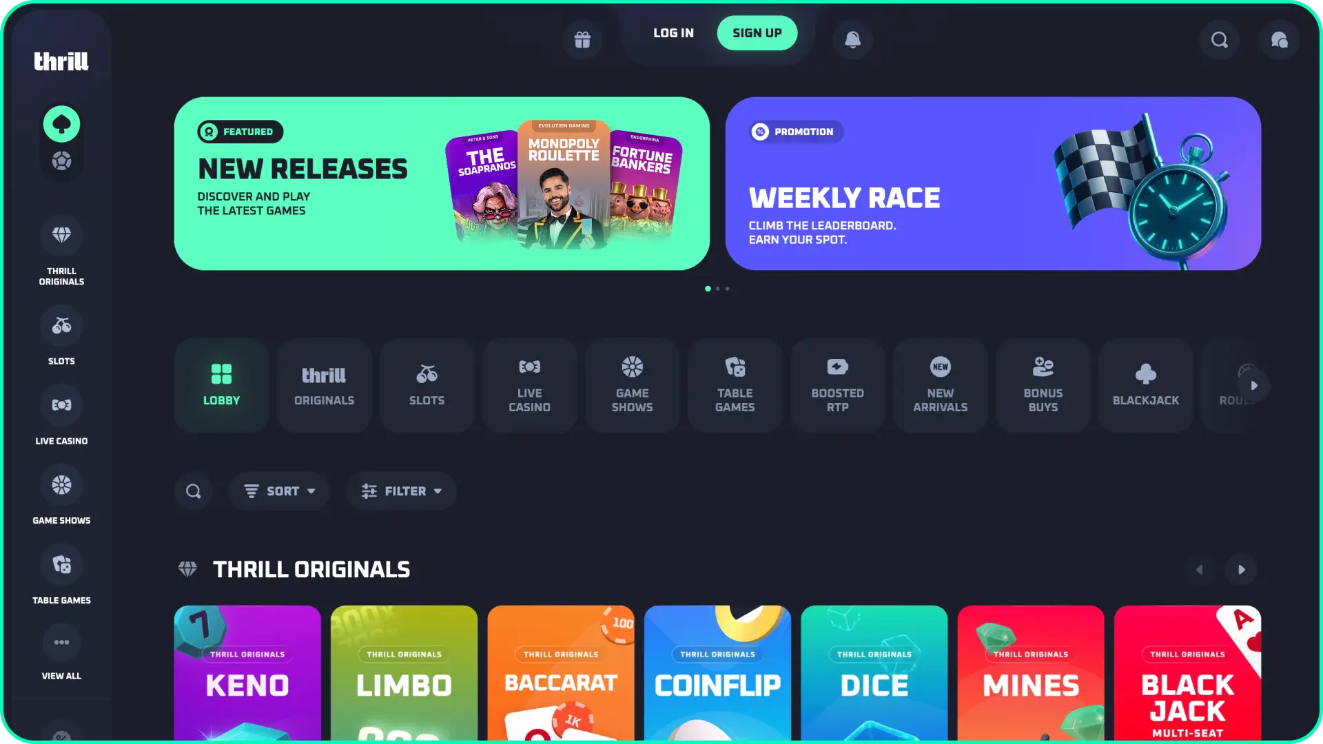 View the clean main interface home screen layout on the Thrill official platform.