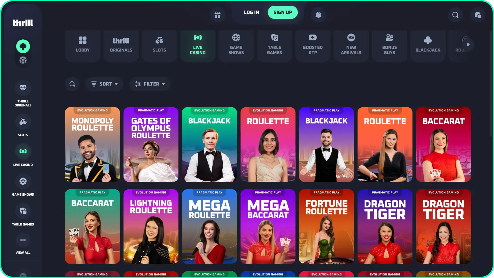Check out the real-time main interface live casino lobby available at Thrill.