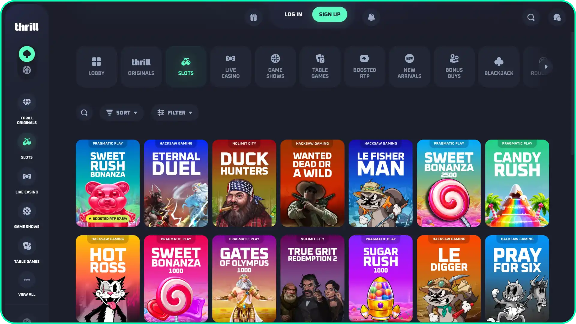 Explore the colorful main interface slots collection on the Thrill main website.