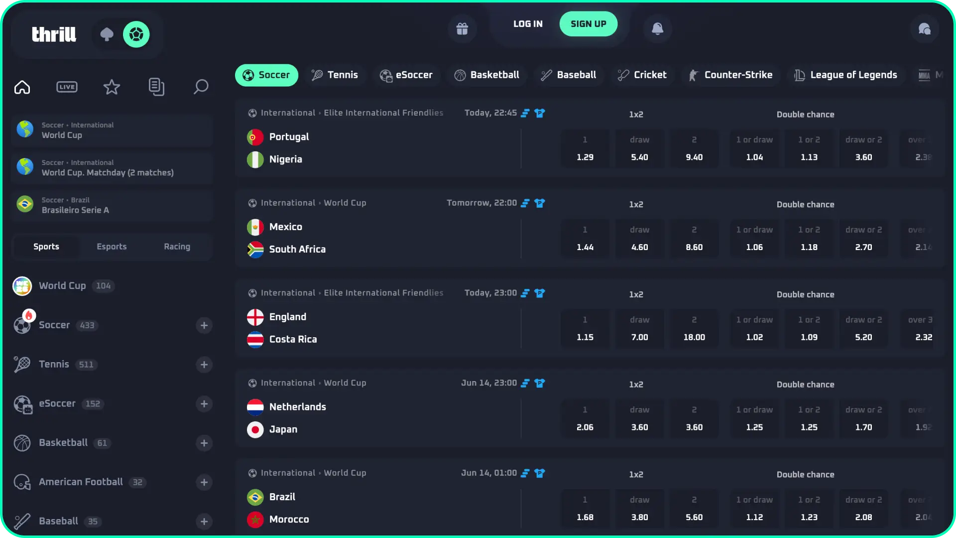 Examine the comprehensive main interface sport betting bookmaker section at Thrill.