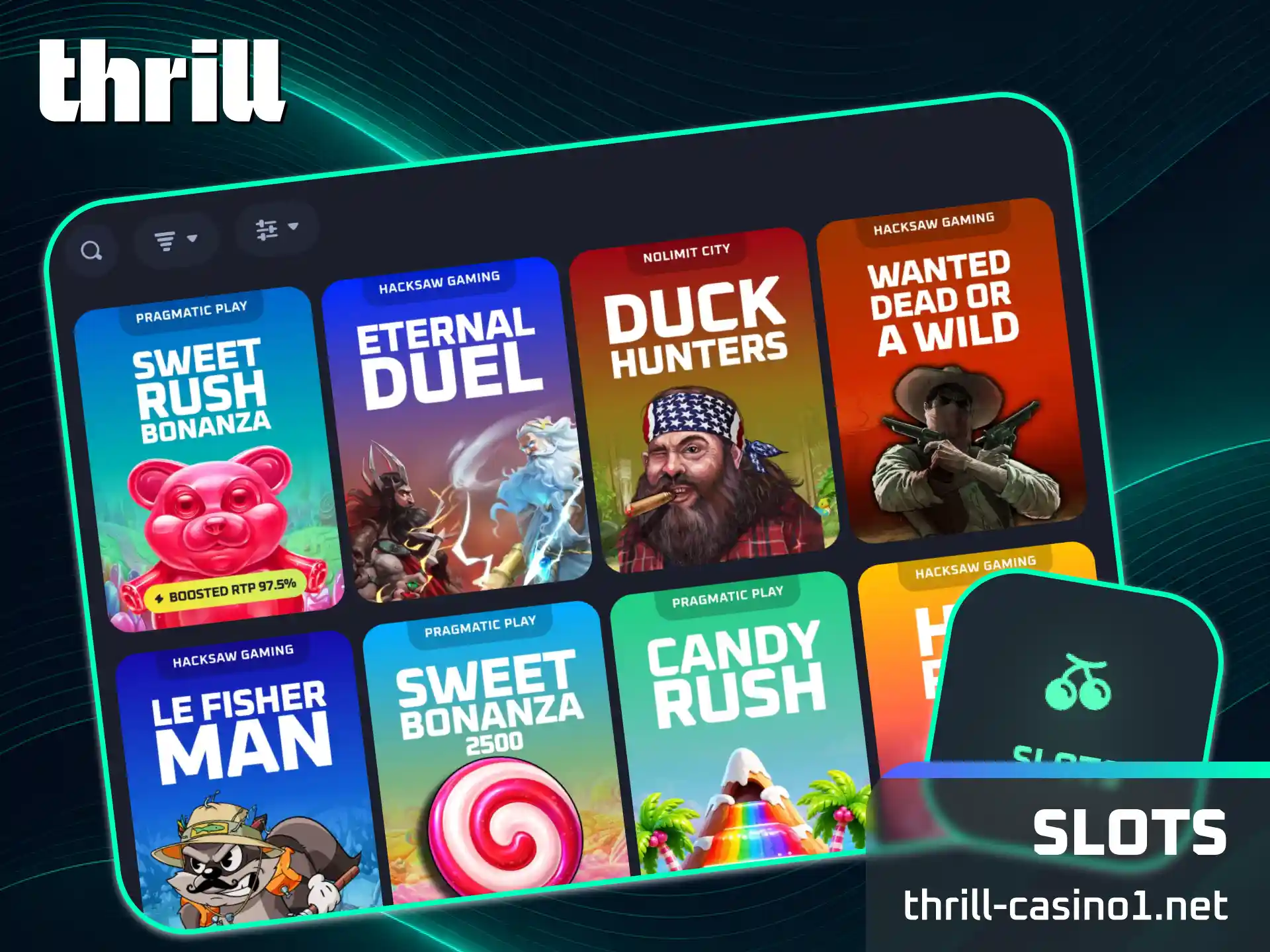 Spin modern video slots on the Thrill main casino page.