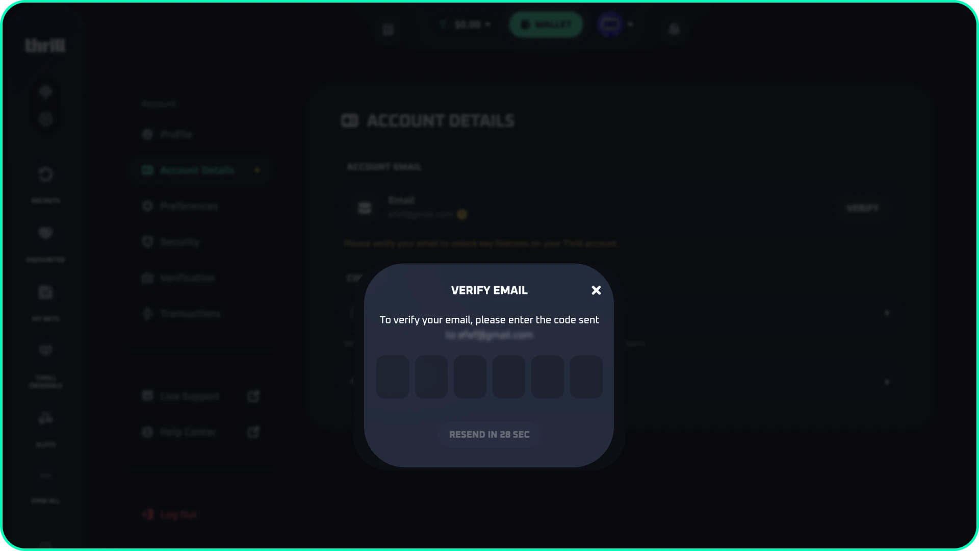 Follow the verification link sent to your device to successfully activate your account at Thrill.