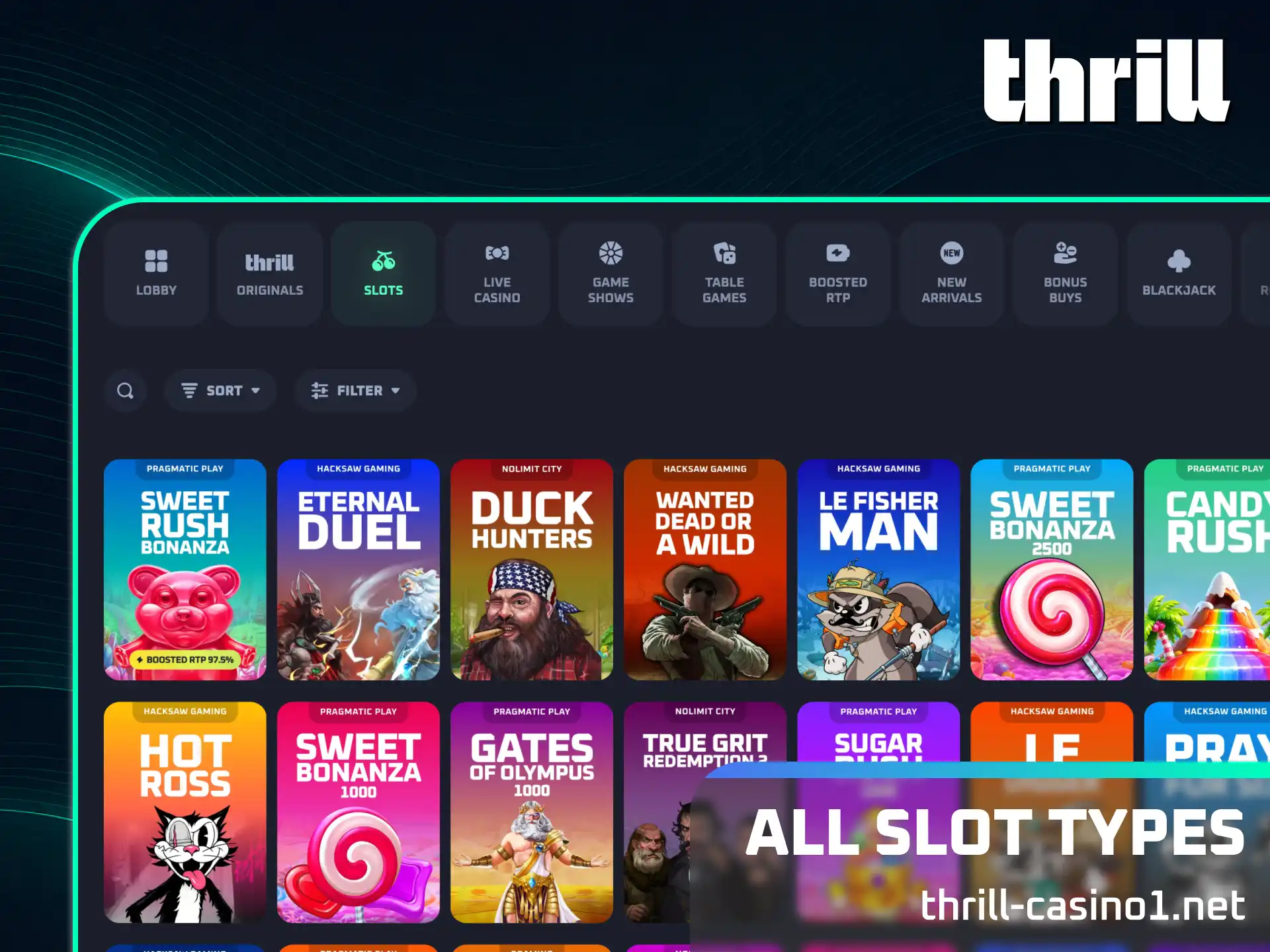 Discover all slot types on Thrill to find your favorite gameplay style.
