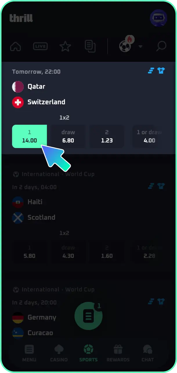 Select your market prediction and place a bet instantly with Thrill soccer.