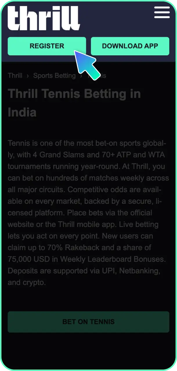 Open the official sign-up form and create an account at Thrill tennis.