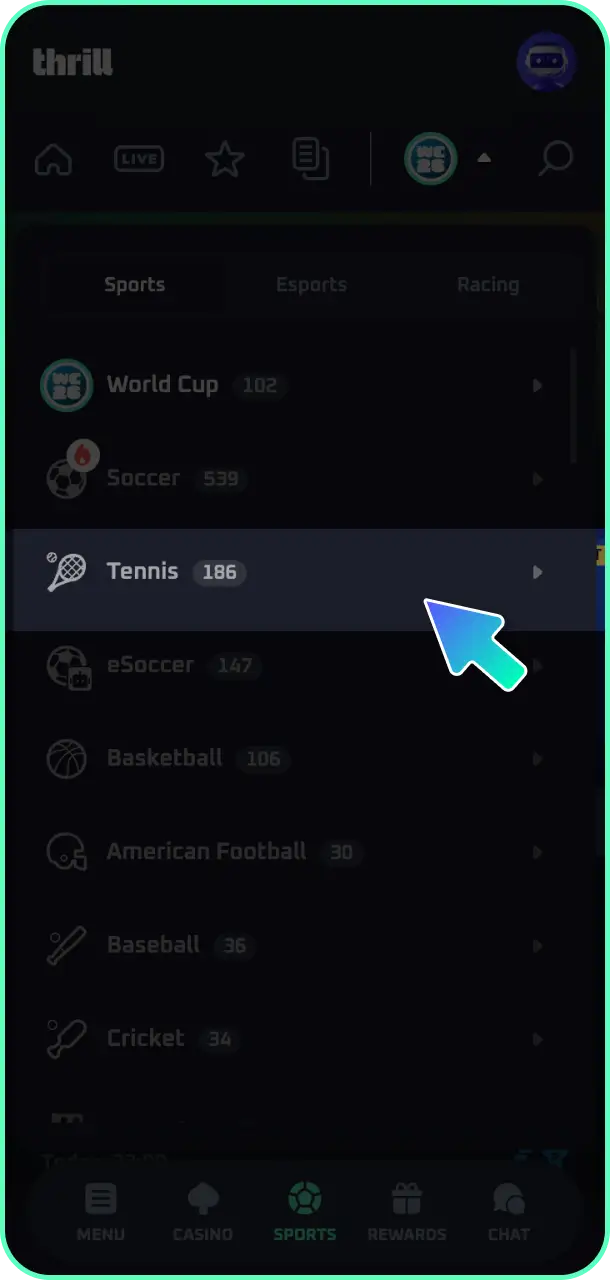 Browse the dynamic sportsbook layout and choose a tennis match on Thrill.