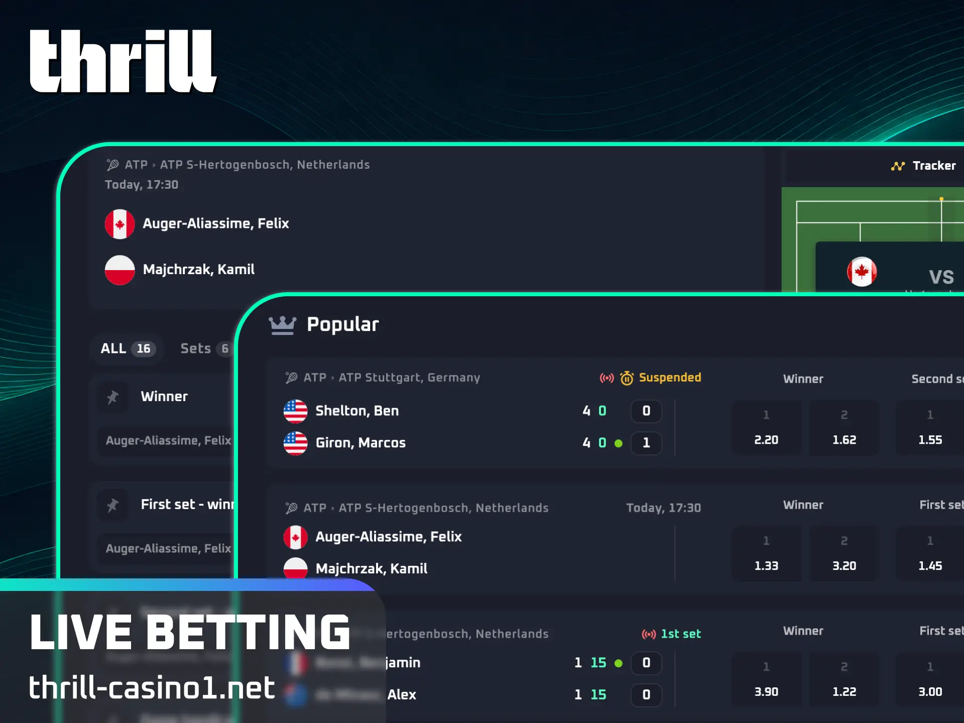 Experience real-time court action and try live tennis betting at Thrill right now.