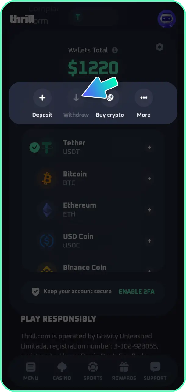 Open the main profile menu and navigate to the cashier section on Thrill.